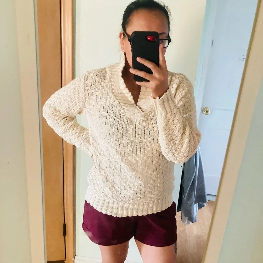 Waffle knit cream mock neck sweater